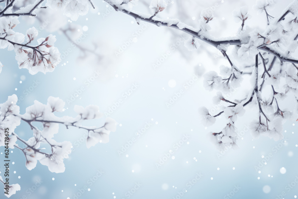 Winter Minimalism: Snow-Covered Branches on a White Background, an Ideal Composition with Copy Space for Text, Capturing the Calm of the Season.




