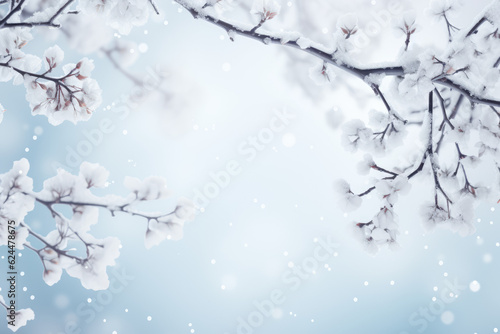Winter Minimalism: Snow-Covered Branches on a White Background, an Ideal Composition with Copy Space for Text, Capturing the Calm of the Season.      © Mr. Bolota