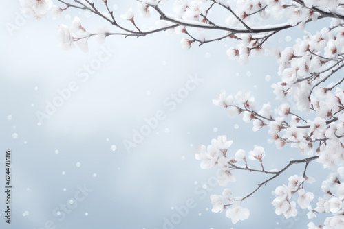 Winter Minimalism: Snow-Covered Branches on a White Background, an Ideal Composition with Copy Space for Text, Capturing the Calm of the Season.