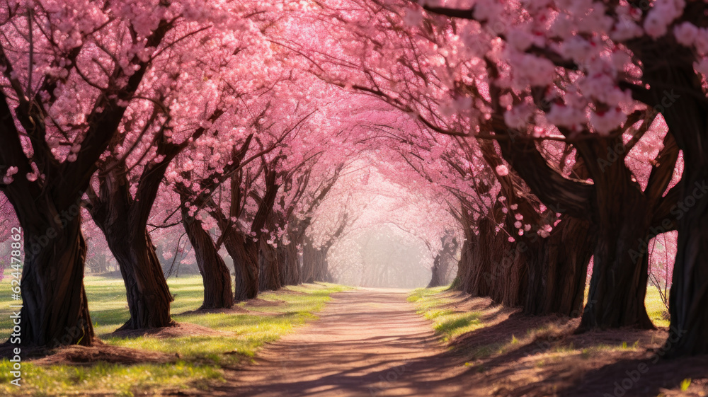 path on forest of cherry trees and pink blossoms
