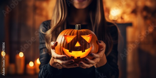 Close up woman hand holding pumpkin in costumes witch halloween in a dark forest, Focus on hands holding pumpkin, generative ai