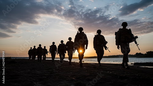 soldiers walking with machine gun and assault rifles at sunset. infantry and armed forces