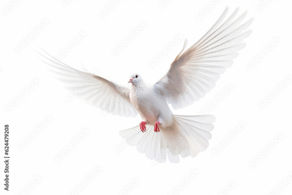 Naklejka premium white dove/pigeon in flight with its wings spread isolated on white background. Peace and freedom symbol