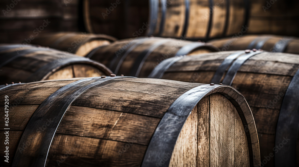 closeup of old oak wooden barrels on cellar