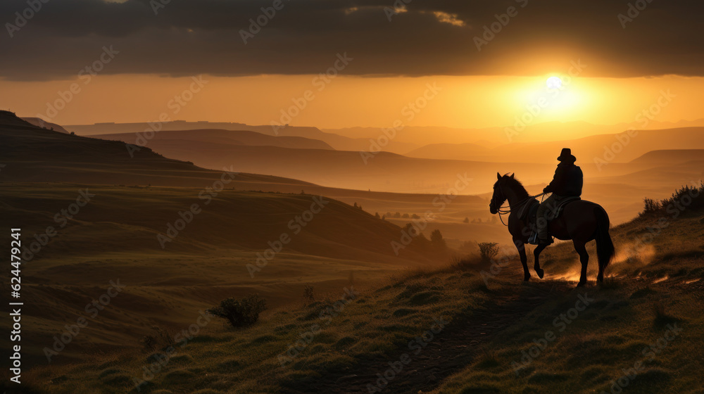 cowboy riding a horse at sunset cowboy riding a horse at sunset