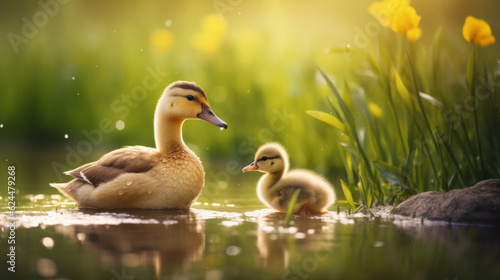 cute mother duck and duckling on pond water