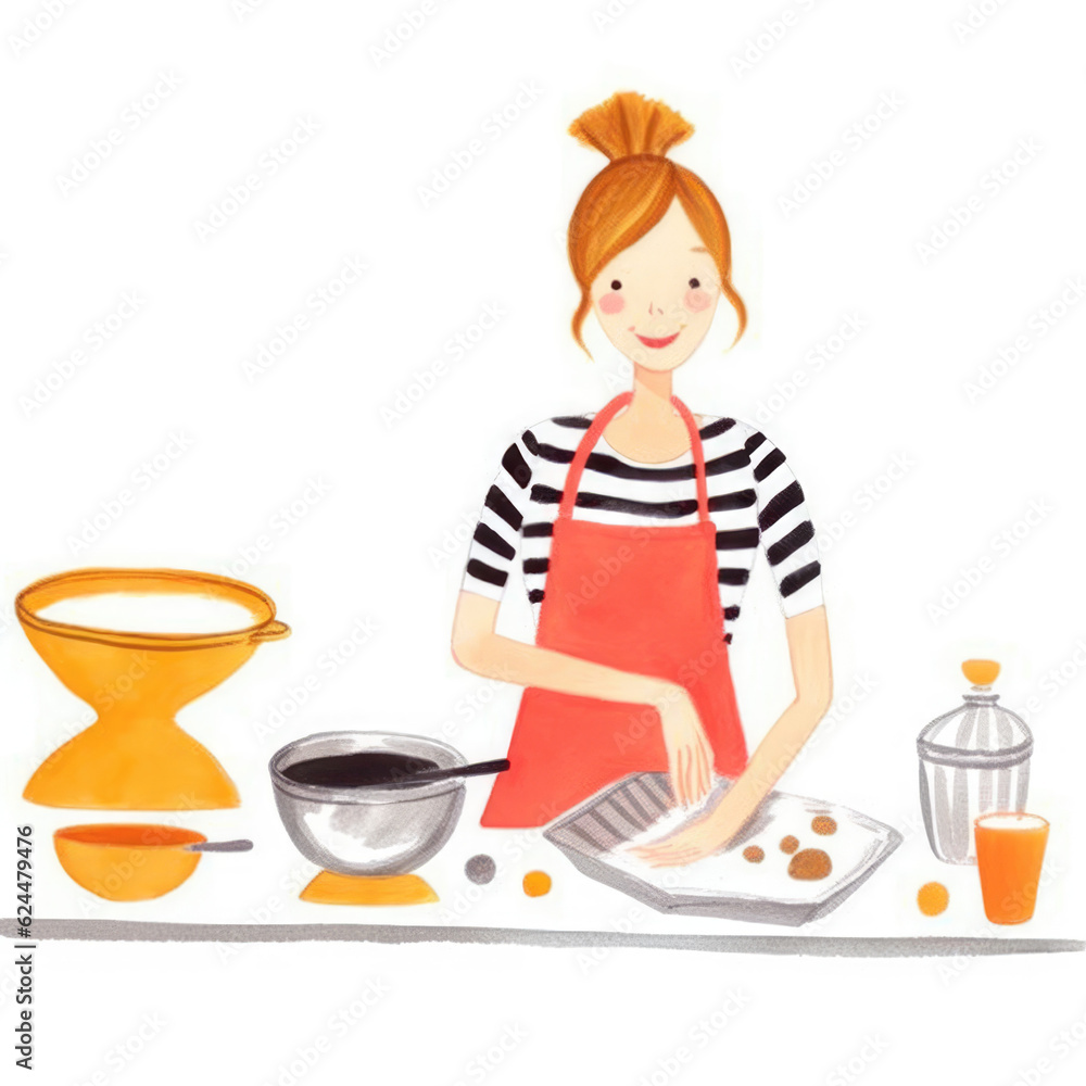 Culinary Creativity Illustration watercolor: Red-Headed Baker Making a Cake with a Table Set for Baking
Culinary Creativity Illustration watercolor: Red-Headed Baker Making a Cake with a Table Set for Baking