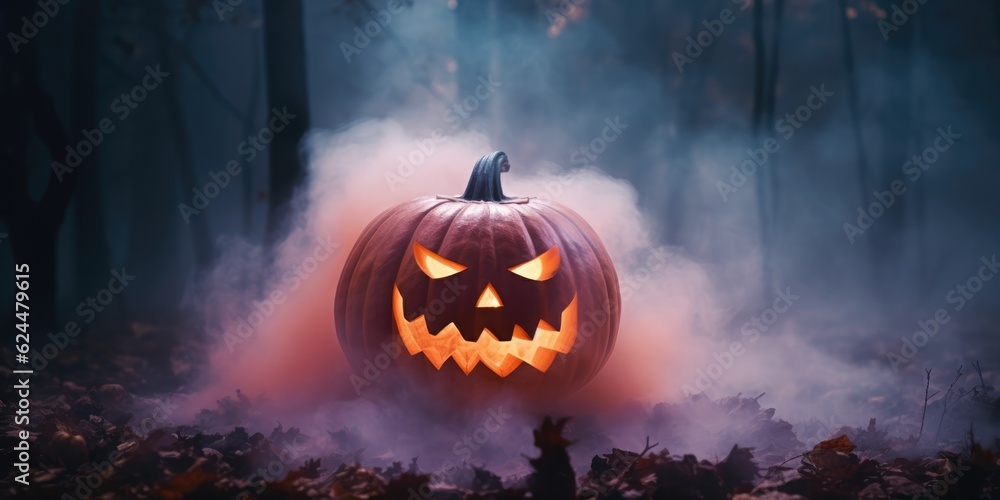 Halloween concept - pumpkin with a scary luminous face in smoke and neon light background, dark, Copy space, generative ai - obrazy, fototapety, plakaty 