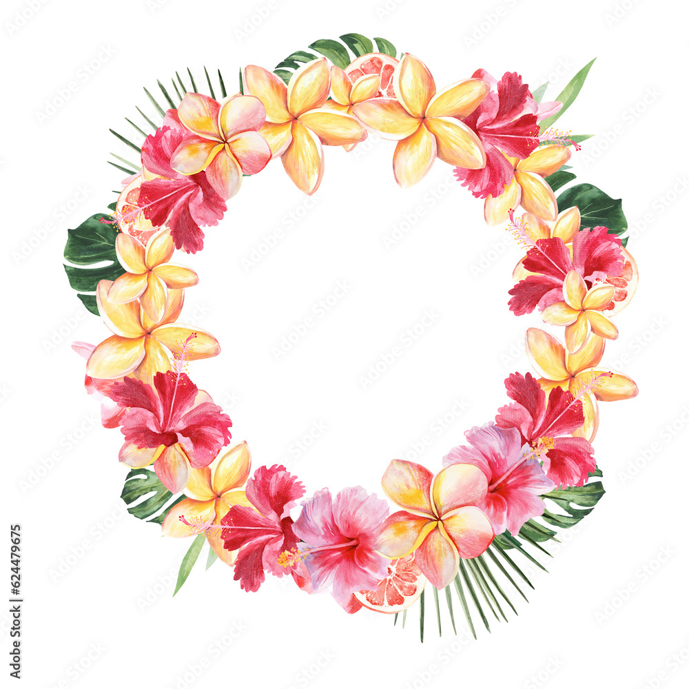Round frame of bright tropical flowers. Watercolor drawing by hand on a white background.