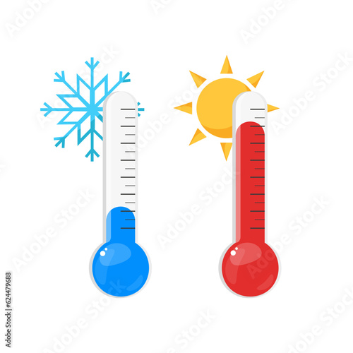 Vector hot and cold temperature thermometers with sun and snow symbols. Celsius and Fahrenheit. Vector illustration in flat style.	
 photo