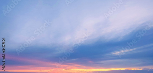 Sunset sky background with clouds. Beauty bright air background. Gloomy vivid cyan landscape.