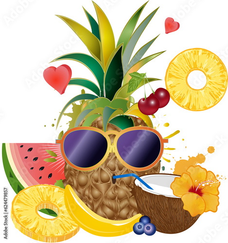cooles Sommer Motiv Ananas mit Kokosnuss
