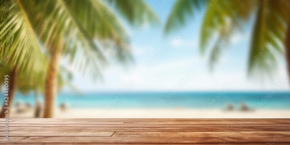 Empty wood table with tropical sea with palm leaves, Background with copy space for product display, Summer vacation, generative ai Empty wood table with tropical sea with palm leaves, Background with copy space for product display, Summer vacation, generative ai