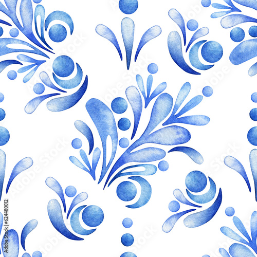 Seamless watercolor pattern. Stylized botanical ornament on a white background. Ethnic, folk, folk style.