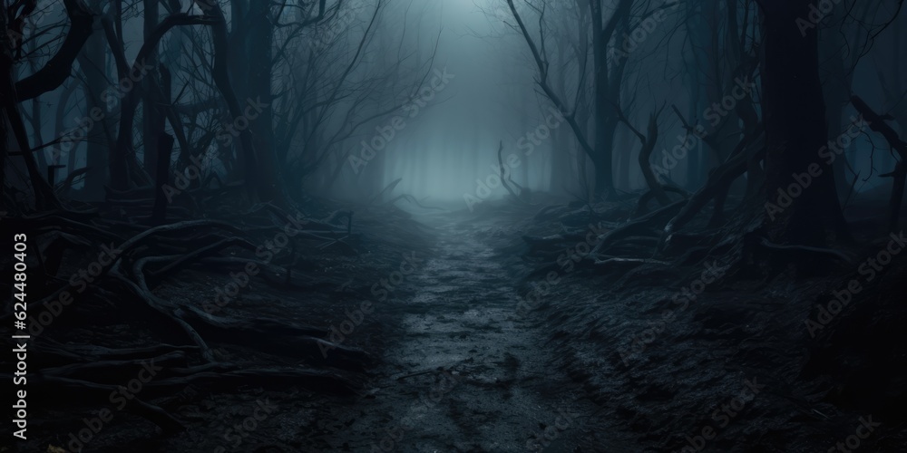 Fototapeta premium Path through a dark forest autumn fog at night, generative ai