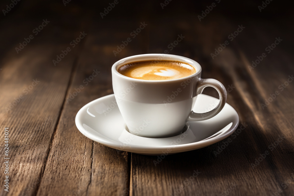 hot coffee in mug with cream on rustic wooden table