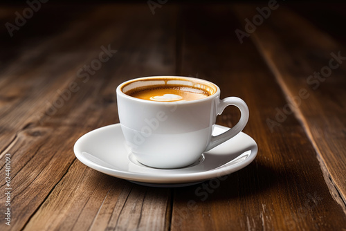 hot coffee in mug with cream on rustic wooden table