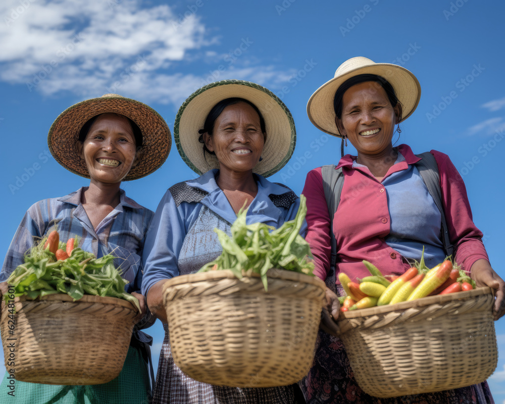 African happy smiling women farmers showcasing their harvest in basket