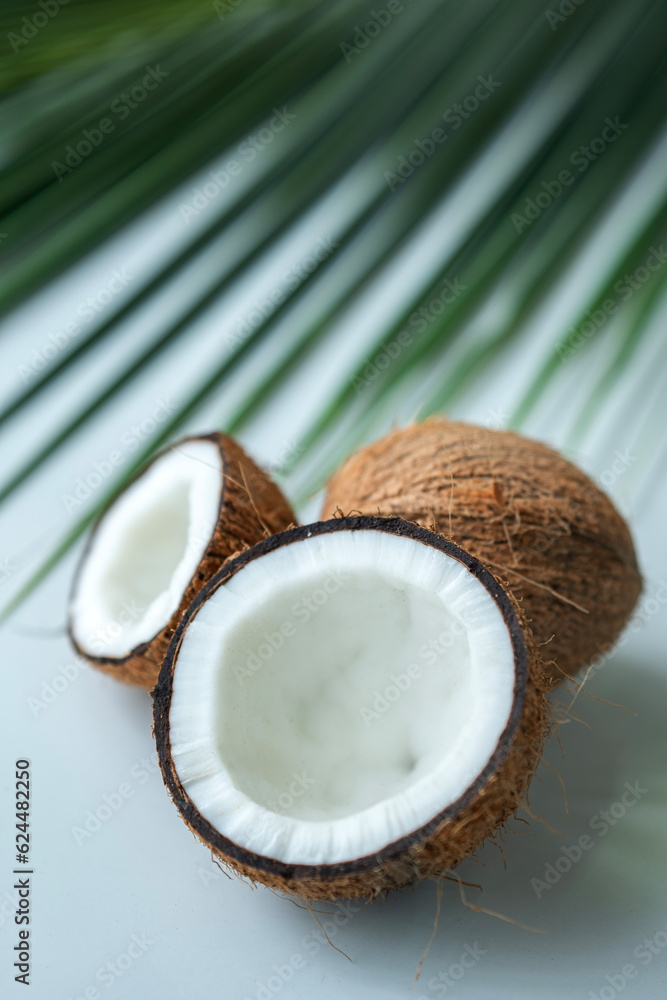 Half piece of fresh coconut and palm leaf on the background Half piece of fresh coconut and palm leaf on the background