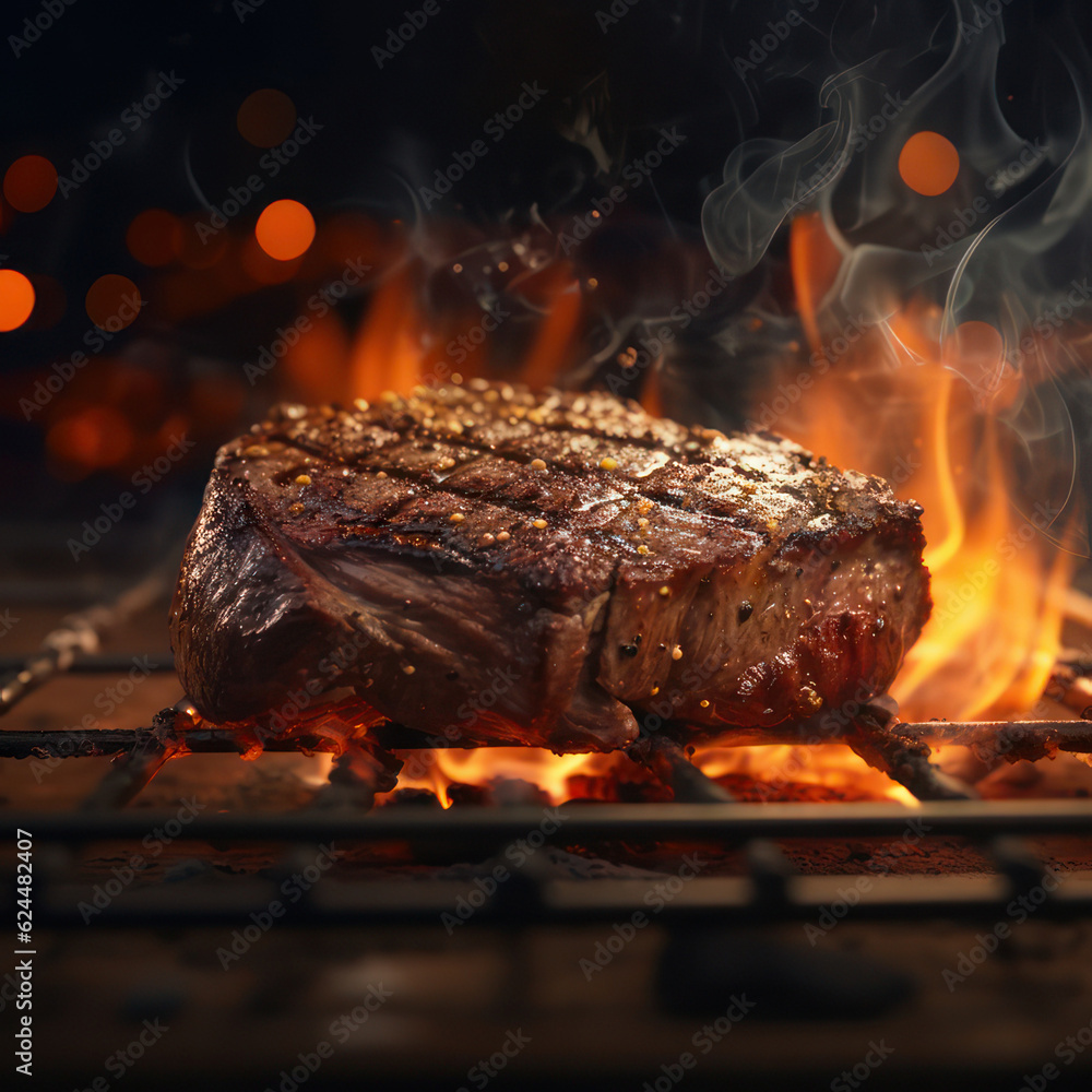The steak is cooked on a grill over a fire. AI generative. The steak is cooked on a grill over a fire. AI generative.