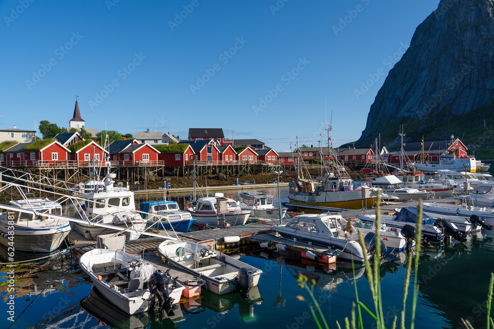 A seaport in a small fishermen village in summer, Lofoten islands, Norway.