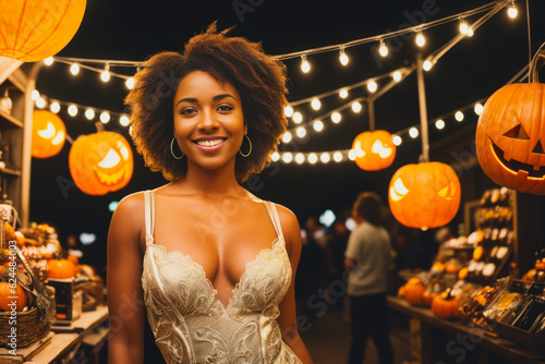Portrait of a smiling young black woman sells souvenirs in a Halloween store. Concept of Halloween celebration. Generative AI