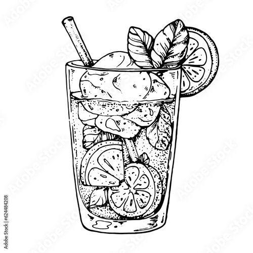 Mojito cocktail sketch, vector illustration. Alcoholic cocktail hand drawn illustration. Isolated object