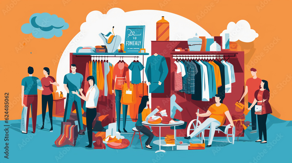 Stylized vector art of a thrift store, vibrant colors, flat design, emphasizing the idea of reusing, recycling and reducing waste, showing people shopping for pre - loved items