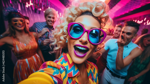 Obraz na plátně Pop art style, image of an influencer taking a group selfie at a party, bright c