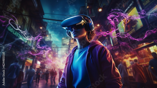 a gaming influencer immersed in a virtual reality game, dynamic colors, intense action