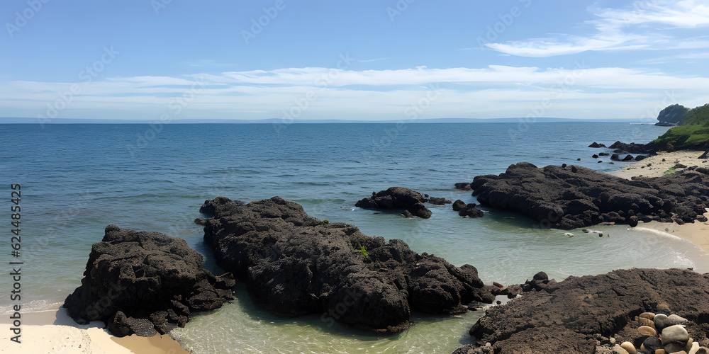 Summer beach landscape. Panoramic rocks on the beach