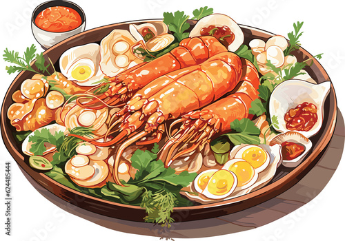 Festive seafood, cooked food, modern food with presentation on plate, delicious food: salad and soup shrimp, crab, clams, baked fish, octopus cartoon vector.GenerativeAI.
