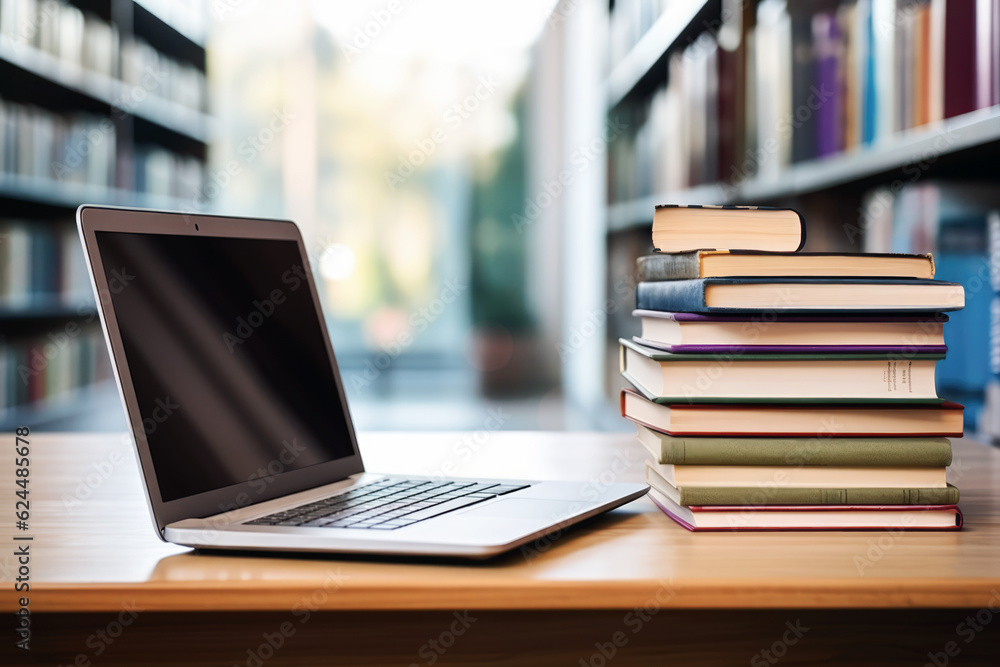 Stack of books with laptop on wooden table Stack of books with laptop on wooden table