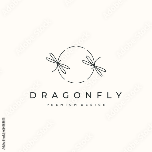 dragonfly with the circle line art logo vector minimalist illustration design, twin dragonfly bug logo design