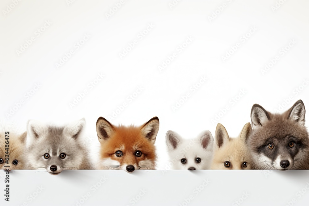 Several cute foxes peeking behind a white banner on a white background.