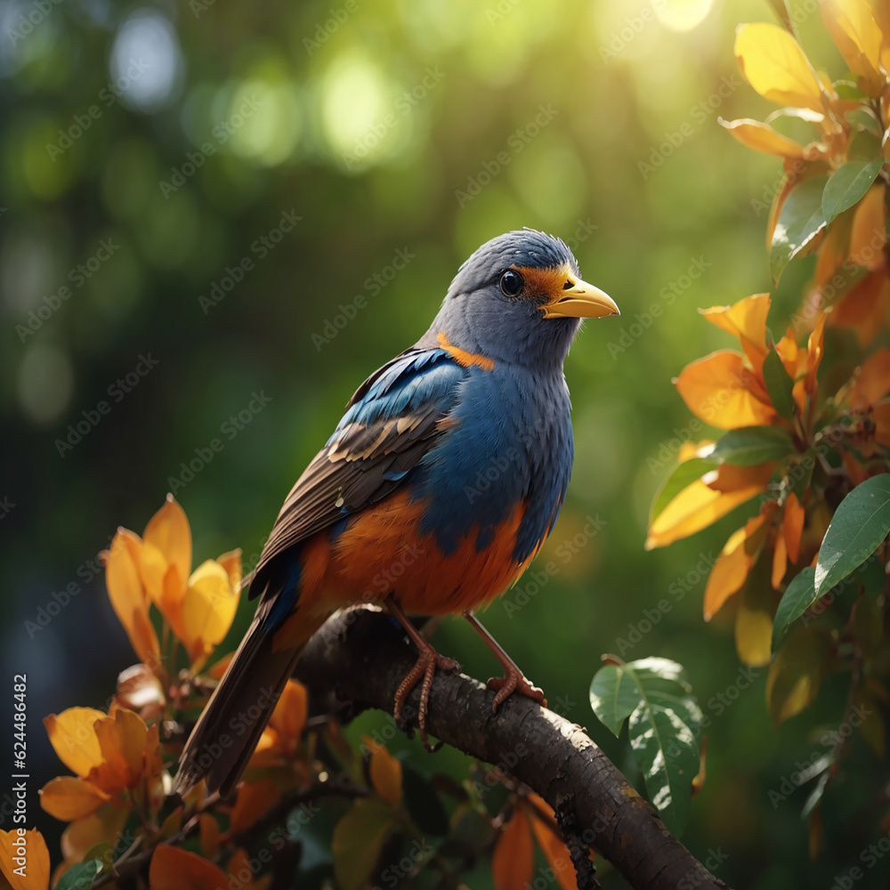 a bird perched on a branch with pink and blue flowers Generated by AI