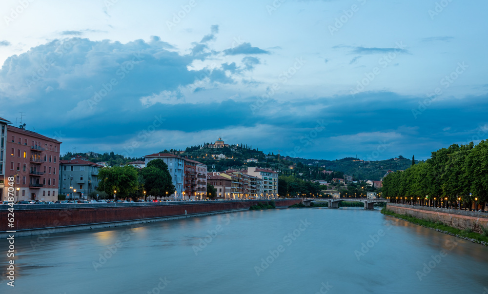 Fototapeta premium Evening panorama of Verona with the Mostana River Adige