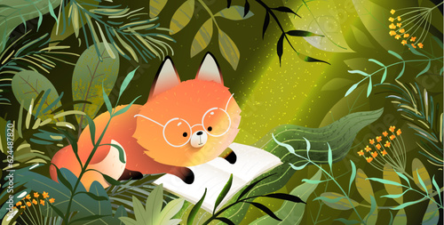 Cute Fox Animal Reading a Book in Green Forest with Sun Beam in Leaves. Animal character for kids school education or library. Reading study and children education vector art in watercolor style.