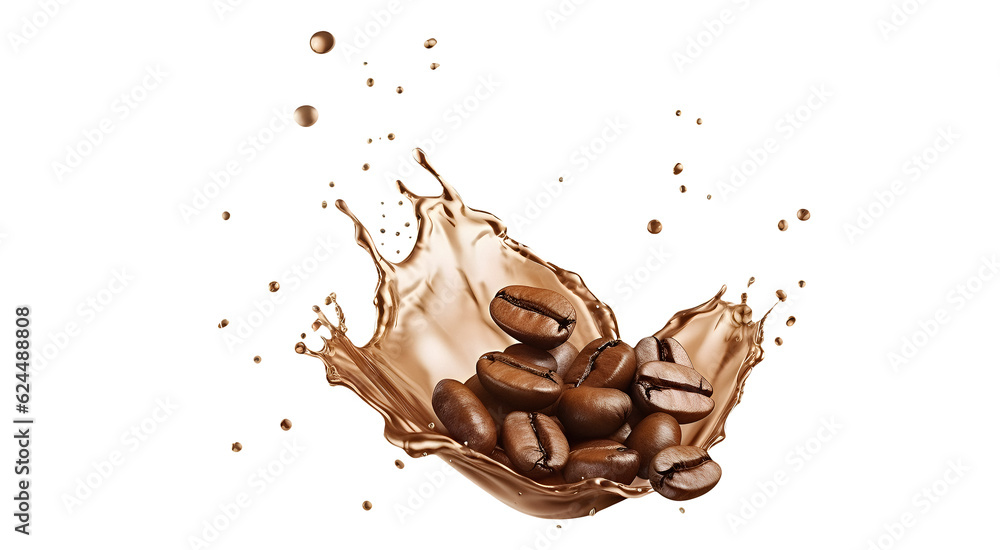 Fototapeta premium Coffee beans with Splash coffee Isolated, Generative AI, PNG, Transparent background