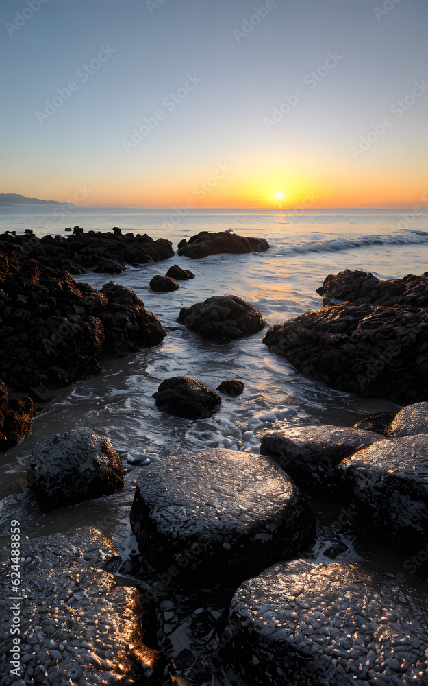 Magical sunset summer landscape on the beach with scenic rocks in the foreground Magical sunset summer landscape on the beach with scenic rocks in the foreground