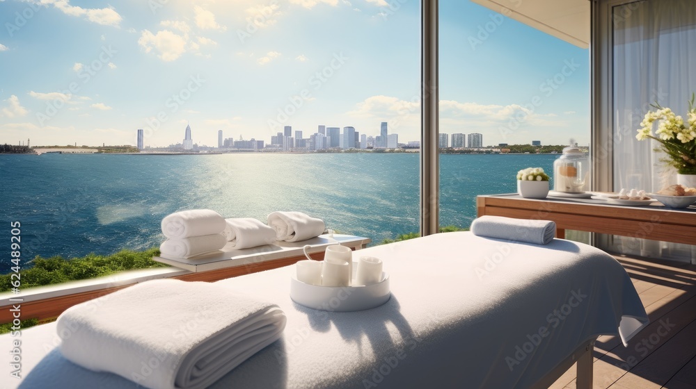 Fototapeta premium Spa treatment with a waterfront view on a sunny day
