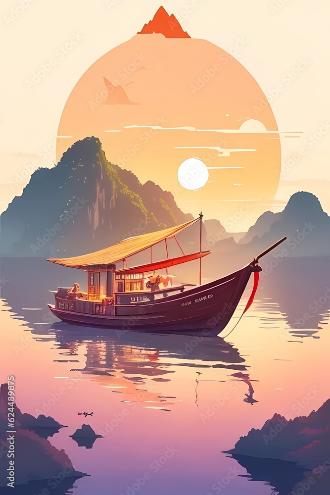 boat on the sea, sunset