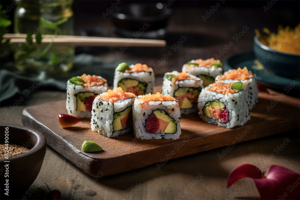 Sushi rolls on wooden plate.Closeup view Sushi rolls on wooden plate.Closeup view