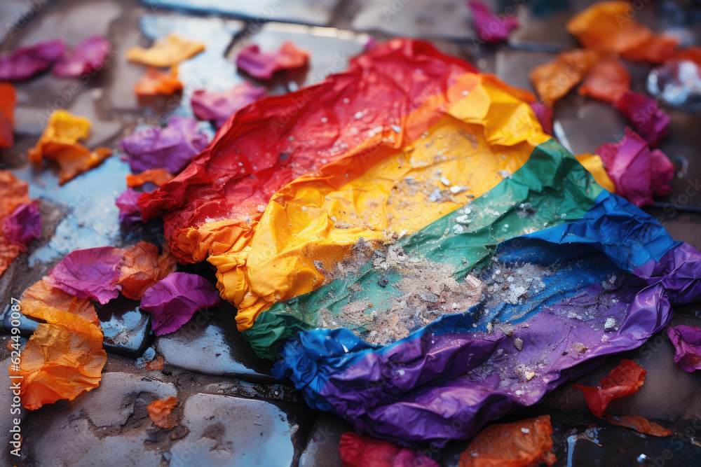 close-up of a crumpled  and dirtied LGQT pride flag on the ground in the aftermath of a parade 