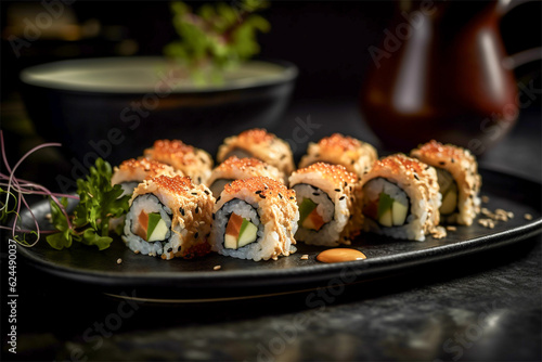 Sushi rolls on black plate.Closeup view
