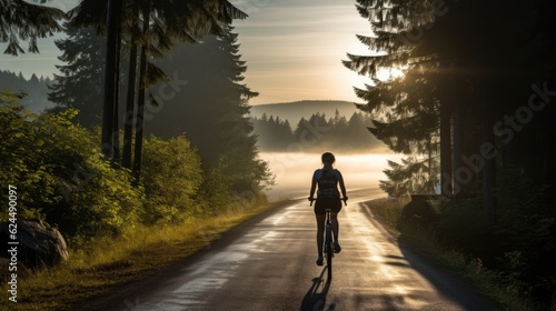 Woman cycling through beautiful scenic routes in early morning