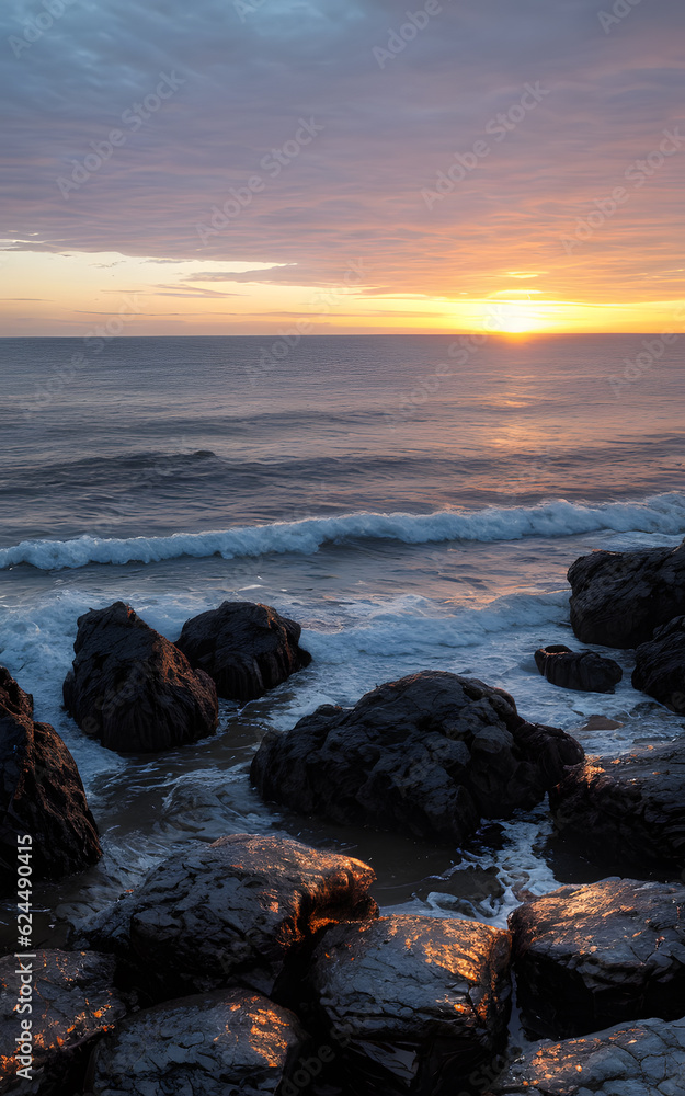 Magical sunset summer landscape on the beach with scenic rocks in the foreground