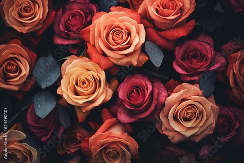 a photo of multiple roses on a dark background  Image created with Generative AI technology.