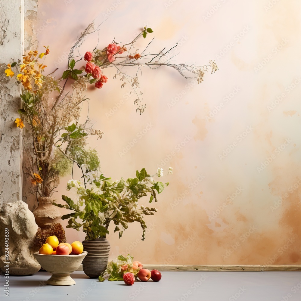 Fotografie Creative wall background, product backdrop with plants, branches and textured st