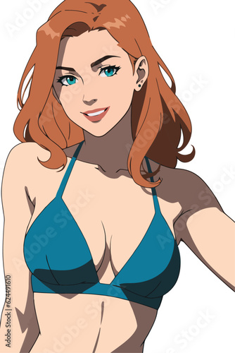 Sexy redhead woman in bikini swimwear summer illustration vector cartoon flat style isolated on white background.